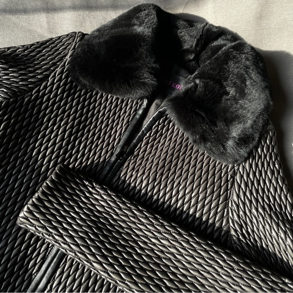 KELLI KOURI Diamond Quilted Scuba Jacket with Rabbit Fur Collar NWT - Picture 2 of 7